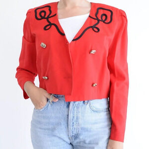 Vintage Scarlet Red Double Breasted Crop Tailored Blazer Jacket Mini M